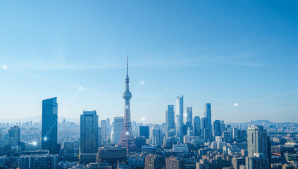 Obraz premium 広い青空の余白に東京の都市とデジタル通信が広がる写真