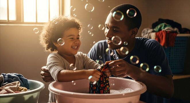 Father and child happily washing clothes together in soapy water with bubbles, indoor chore with sunlight and ripples.