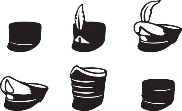 Black hats with feathers icon set