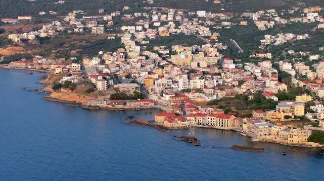 Beautiful Old city, Greece and best scenic places - panorama of picturesque old town Chania. Crete island, Panoramic of the old Venetian port and lighthouse during the blue hour, Travel Concepts