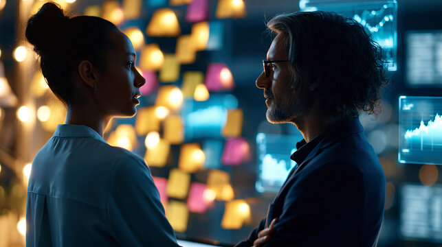 Silhouetted figures analyze softly defocused glowing wall sticky notes and floating chart holograms in a moody dark office, brainstorming session, faceless silhouettes, softly