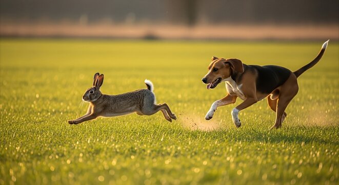 Fast rabbit flees hound dog across sunlit green field at golden hour, capturing dynamic wildlife chase and intense motion