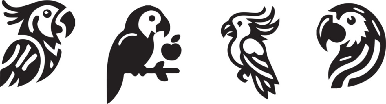 Black parrot silhouettes with different poses and expressions
