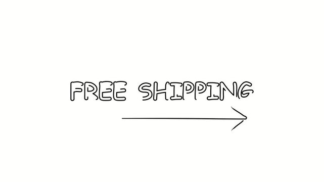 Free shipping. Contour drawing business text animation with arrow, direction. Continuous line word. Isolated message on white. Video 4k object illustration self-drawing. Minimalist continuous line dra