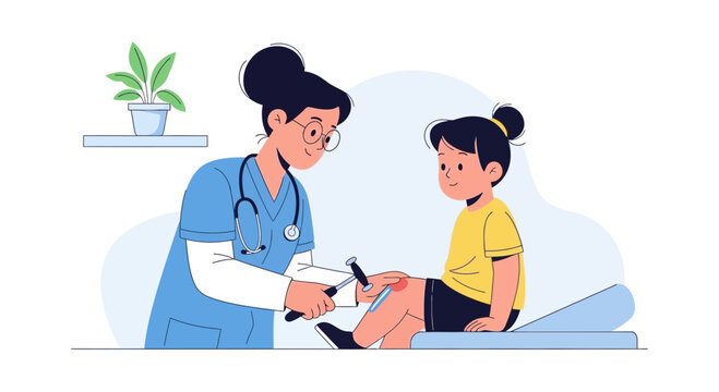 Pediatrician examining child's knee reflex with reflex hammer, medical check-up