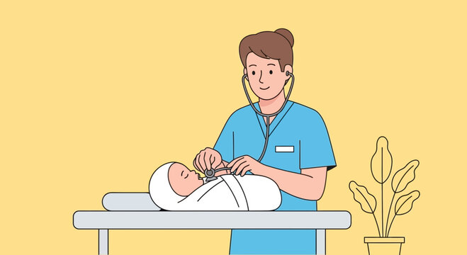 Pediatrician examining newborn baby with stethoscope on examination table, healthcare concept