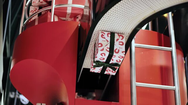 Christmas gifts moving on a red conveyor belt, holiday present delivery system