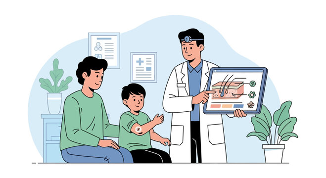 Pediatrician Explains Skin Condition to Child and Parent in Clinic