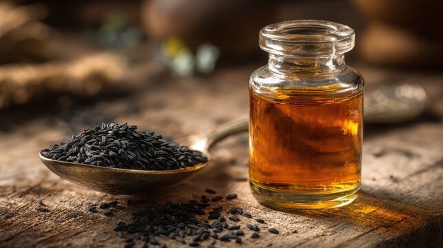 Amber glass bottle of Nigella sativa essential oil with spoonful of black cumin seeds on a wooden background