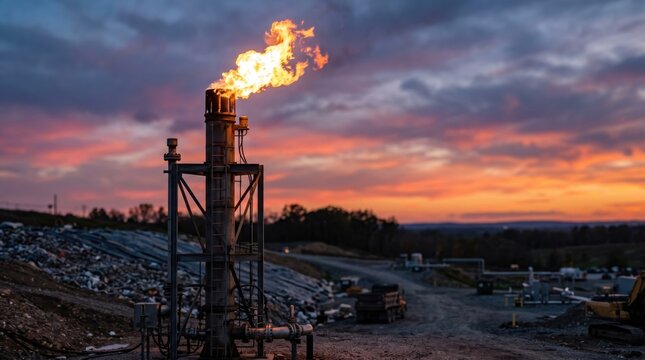 Medium shot of vertical landfill gas flare stack burning bright against a twilight sky main flare in sharp focus with blurred sunset background creating dramatic contrast.