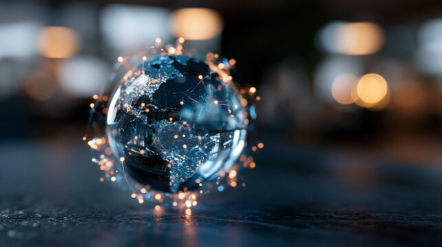 A glowing softly defocused holographic globe with floating financial data nodes drifts above a moody dark surface in soft office light, global finance, faceless concept, glowing
