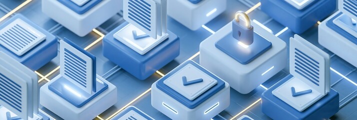 Fototapeta premium Glossy render of an abstract corporate claims process featuring illuminated document cards checkmarks and security icons suspended in a blue and white digital environment with a