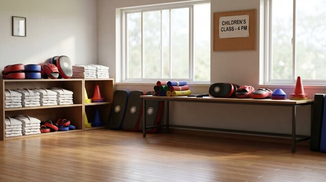 Bright martial arts studio features folded uniforms, training pads, and colorful mats. The room is organized for a children's class. Ideal for sports education and fitness center promotion.