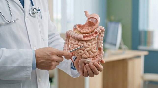 Gastroenterologist holding human digestive system model, anatomical stomach and intestine replica for medical education, doctor explaining digestive health