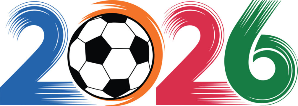 Soccer 2026 icons illustration set, generic modern sports typography with football ball integrated into numeric design for event branding.