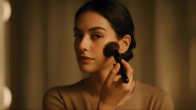  beautiful woman applying makeup blush on her cheek with a cosmetic brush in warm moody lighting