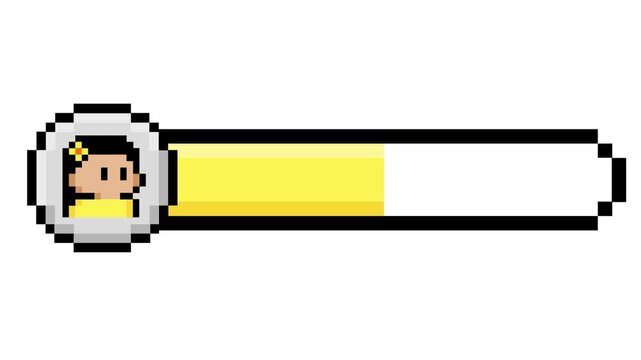 Retro pixel art progress bar featuring a female avatar for game element and user interface design in a charming 8-bit style