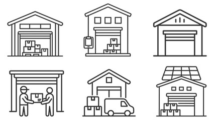 Fototapeta premium warehouse buildings with packages delivery van and workers logistics supply chain icons on transparent background