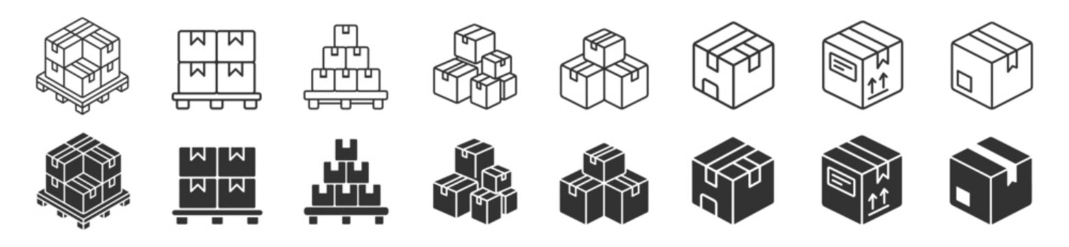 set of warehouse packages and cardboard box icons vector illustration on transparent background