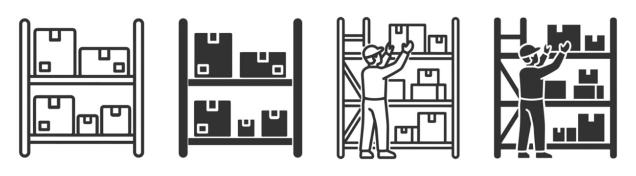 warehouse shelves with boxes and workers organizing inventory icons on transparent background