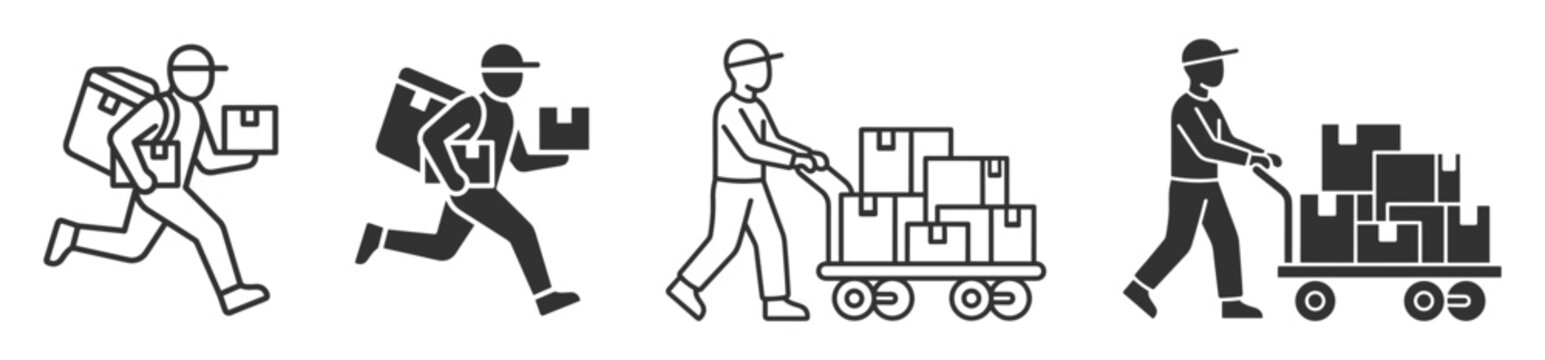 delivery person carrying packages and pushing cart with stacked boxes icon set, cargo and shipping symbols on transparent background