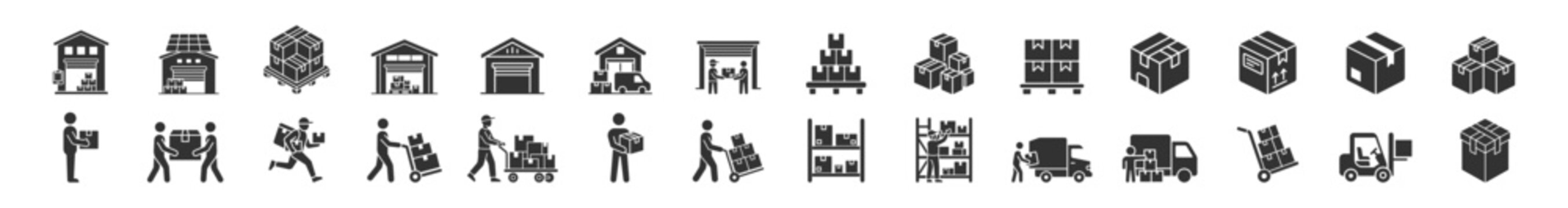 Logistics and warehouse icons set, vector illustration for shipping handling delivery and storage on transparent background