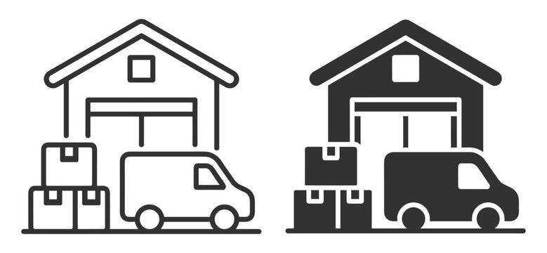 Warehouse building icon with delivery van and stacked cardboard packages vector illustration on transparent background