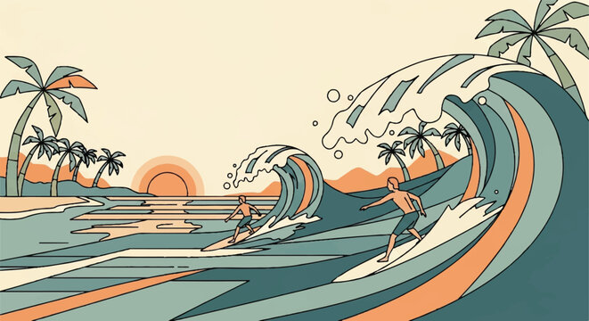 Surfers riding waves near palm trees illustration