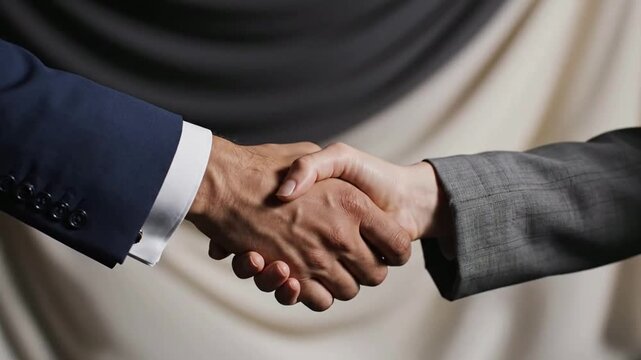 Business handshake between two partners in suits for corporate agreement, partnership, and successful deal closing concept