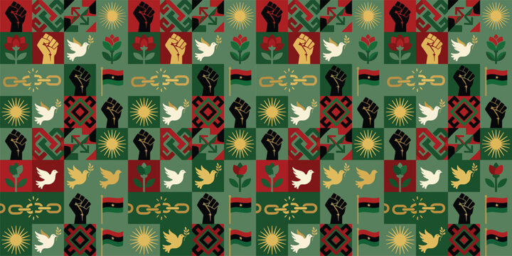 Colorful Juneteenth seamless pattern filled with raised fists, freedom doves, flags, chains and floral icons in red, green, black and gold, perfect textile background for liberation themed designs and