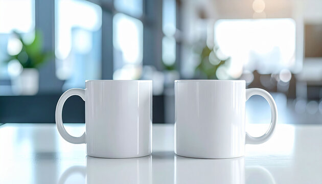 白いマグカップのモックアップ　オフィスやカフェを背景にした飲み物カップの製品サンプル展示　文字やロゴ入れが可能なコピースペース付きの広告用写真素材　清潔感のあるビジネス環境のティータイムや休憩を連想させる高解像度画像