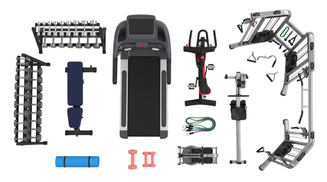 CAD rendering of a comprehensive home gym equipment collection, featuring treadmills, exercise bikes, free weights, and benches, designed for efficient fitness space planning