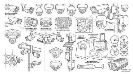 Obraz premium Detailed CAD Collection of Security Surveillance Cameras and Systems Technical Drawings Blueprint Illustration Vector Art for Modern Monitoring Solutions