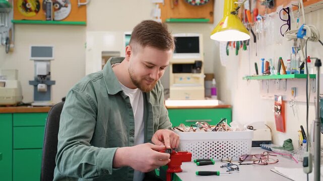 Professional optician repairing eyeglasses in workshop