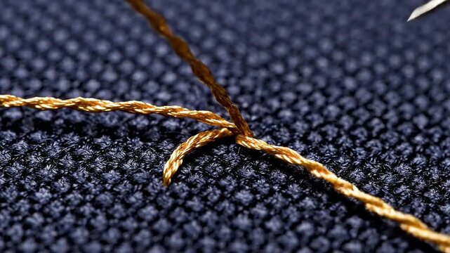 Close-Up of a Needle Threading Golden Embroidery Floss Through Textured Navy Fabric in Intricate Stitching Details