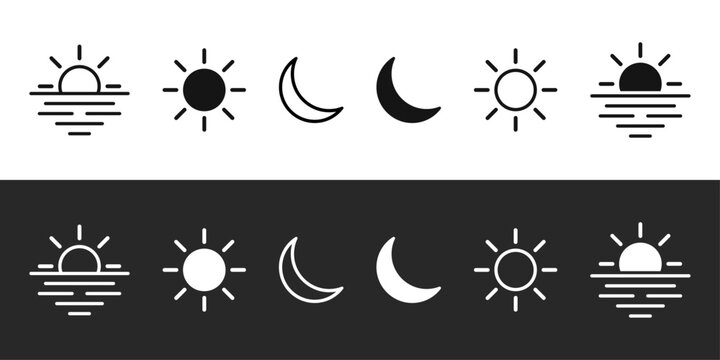 Day and night icon set with sun and moon for light and dark mode vector interface web app UI design