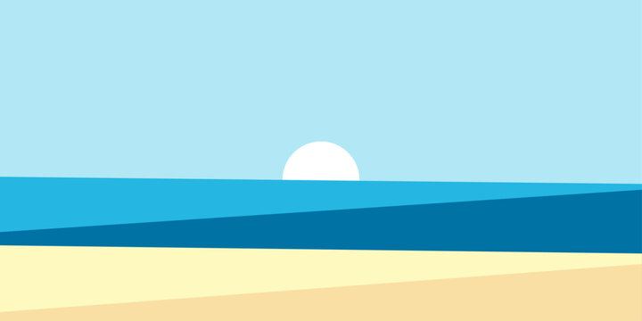 Minimalist beach landscape vector background with sun over sea ocean waves abstract sand layer view