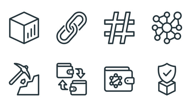 Blockchain Technology Icons: Security, Mining, Wallet, Network, Link, Data Block