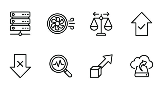Tech Icons: Server, Fan, Balance Scale, Growth, Data Analysis, Cloud Storage