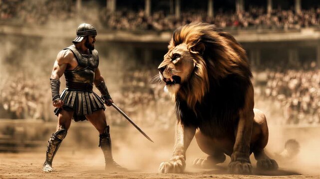 ancient gladiator facing a roaring lion in a dusty arena