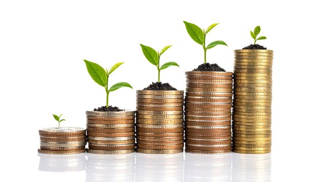 Stacked coins with growing plants. Each stack is topped with soil and a small, vibrant green sprout symbolizing financial growth. White background
