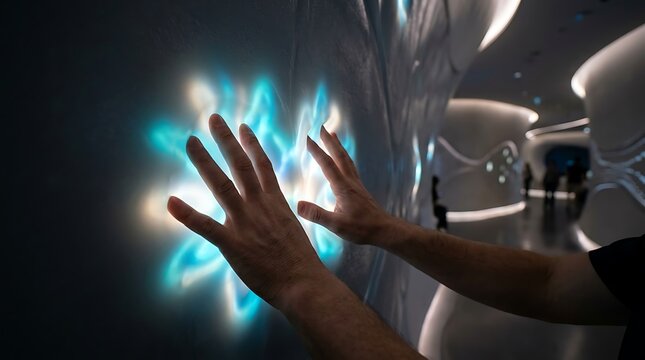 Person interacting with glowing blue light patterns on a futuristic wall