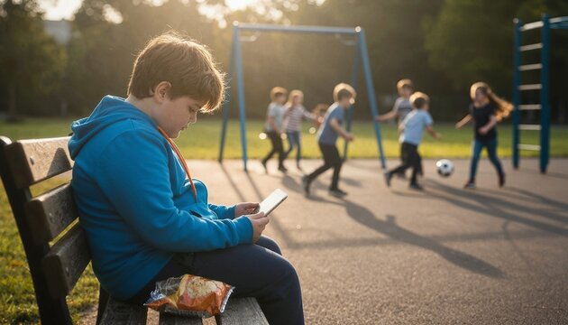 Overweight child using smartphone alone while other children play outside