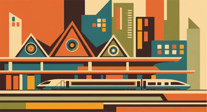 Modern train traveling through geometric cityscape with colorful design