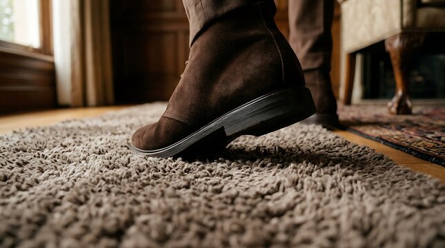 Close-up of brown suede boots stepping onto a plush carpet indoors