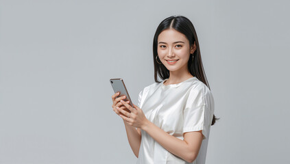 Fototapeta premium 白背景でスマートフォンを持って微笑む日本人女性のスタジオ写真