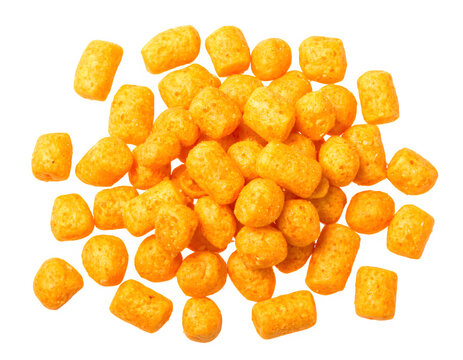 Ultra realistic cheese puffs scattered naturally in a dynamic pile with vibrant orange cheesy coating and crispy puffed texture