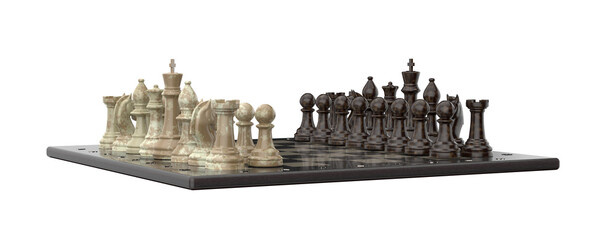 Chessboard with complete set of pieces in starting position, classic strategy game symbolizing planning, tactics, competition and intellectual challenge. © igor.nayda