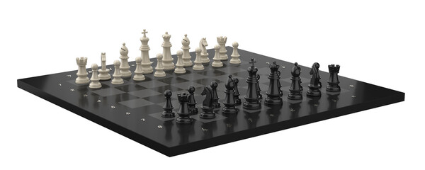 Chessboard with complete set of pieces in starting position, classic strategy game symbolizing planning, tactics, competition and intellectual challenge. © igor.nayda