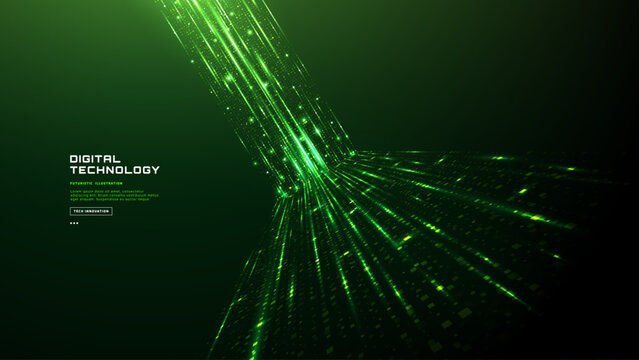 Digital transformation. Green technology concept. Glowing Data flow from light pixel elements. Abstract green tech background. Science innovation or Business web banner backdrop. Vector illustration.